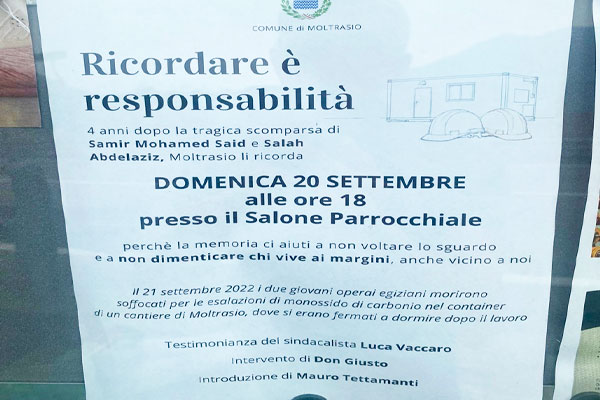 MOLTRASIO-SICUREZZA NEI LUOGHI DI LAVORO. INDICAZIONI PER UN RICORDO CHE SIA OCCASIONE DI VERA E DI AUTENTICA RIFLESSIONE CIVILE